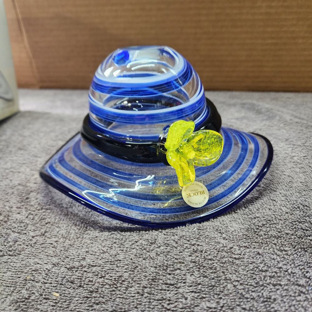 Block blown Glass hat blue swirls with yellow glass flower T